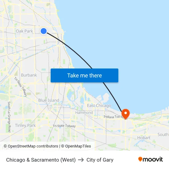 Chicago & Sacramento (West) to City of Gary map