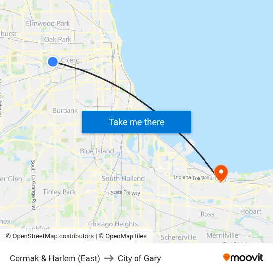 Cermak & Harlem (East) to City of Gary map