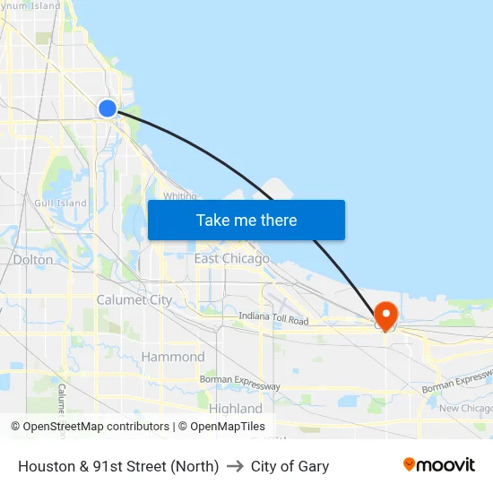 Houston & 91st Street (North) to City of Gary map