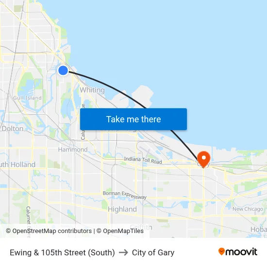 Ewing & 105th Street (South) to City of Gary map