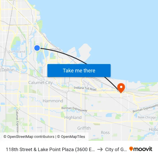 118th Street & Lake Point Plaza (3600 E) (West) to City of Gary map