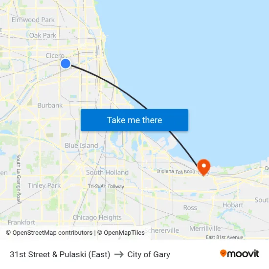31st Street & Pulaski (East) to City of Gary map