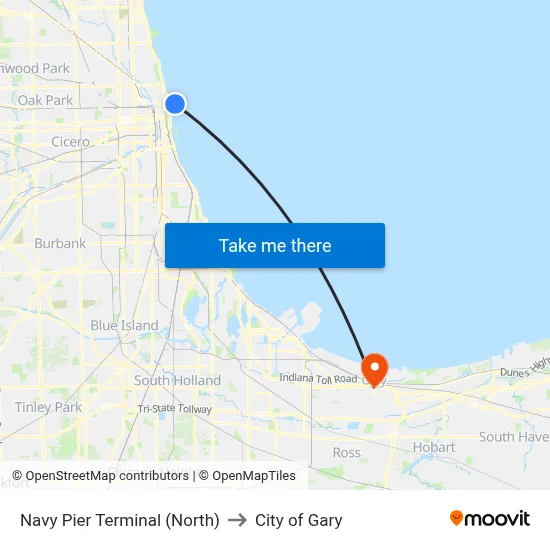 Navy Pier Terminal (North) to City of Gary map