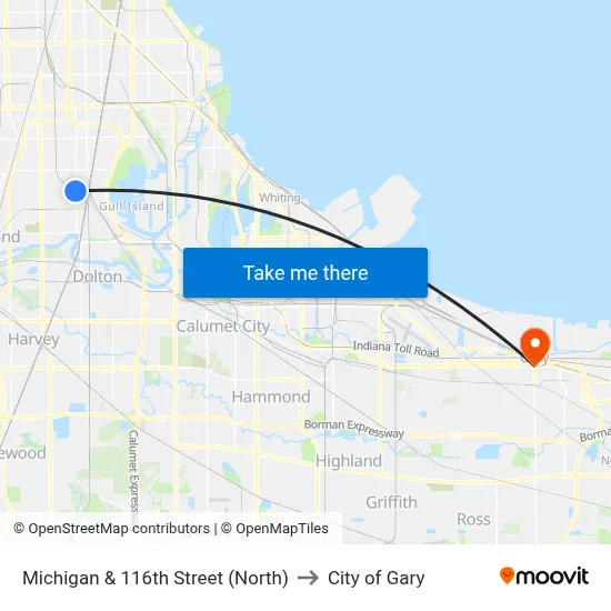 Michigan & 116th Street (North) to City of Gary map
