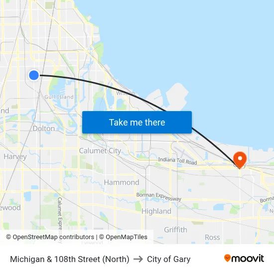 Michigan & 108th Street (North) to City of Gary map