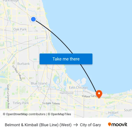 Belmont & Kimball (Blue Line) (West) to City of Gary map