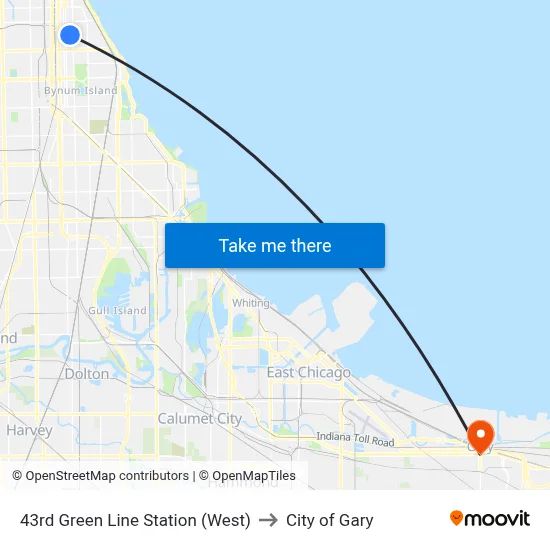 43rd Green Line Station (West) to City of Gary map