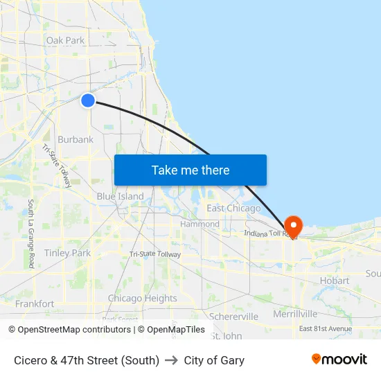 Cicero & 47th Street (South) to City of Gary map