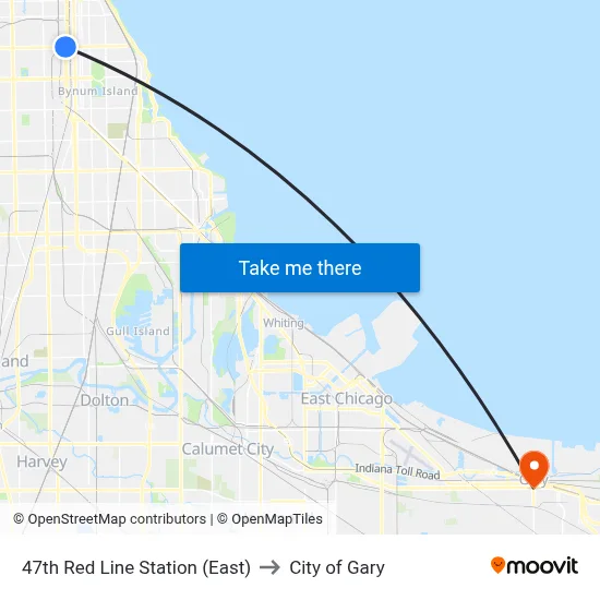 47th Red Line Station (East) to City of Gary map