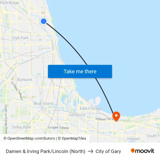 Damen & Irving Park/Lincoln (North) to City of Gary map