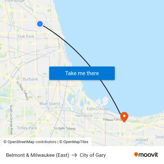 Belmont & Milwaukee (East) to City of Gary map