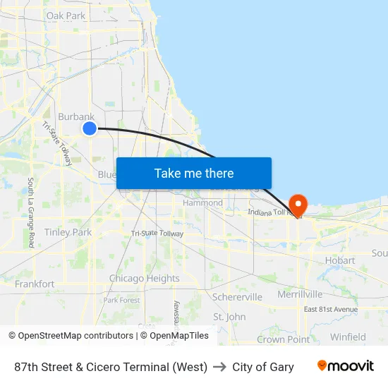 87th Street & Cicero Terminal (West) to City of Gary map