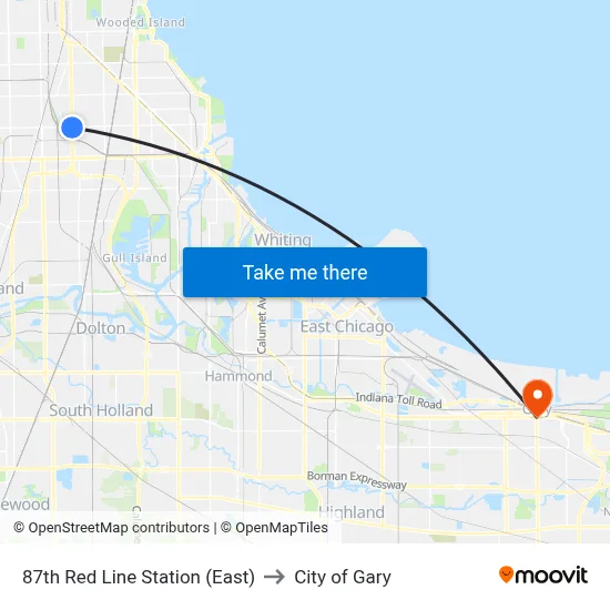 87th Red Line Station (East) to City of Gary map