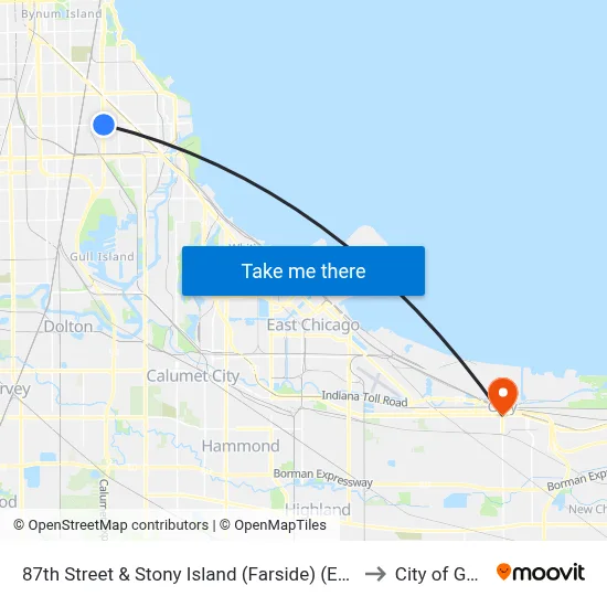 87th Street & Stony Island (Farside) (East) to City of Gary map