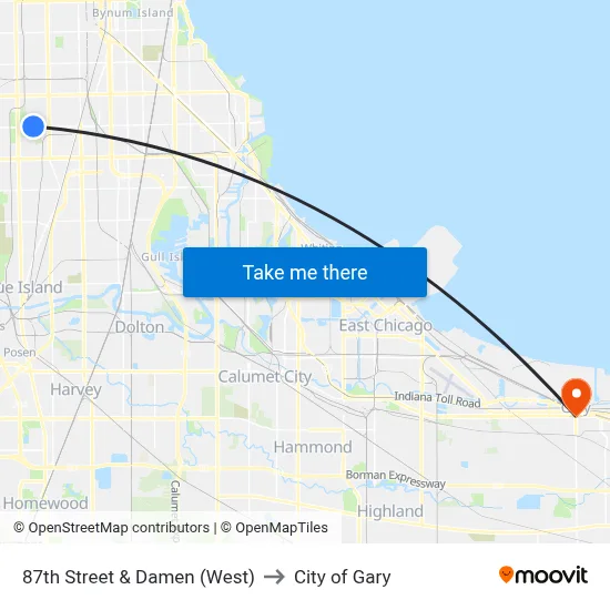87th Street & Damen (West) to City of Gary map