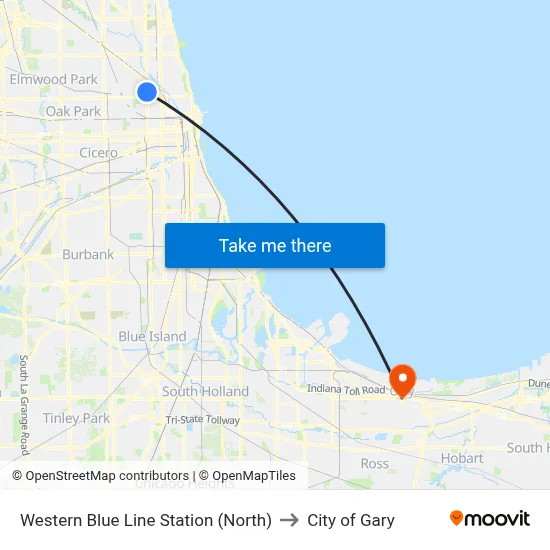 Western Blue Line Station (North) to City of Gary map