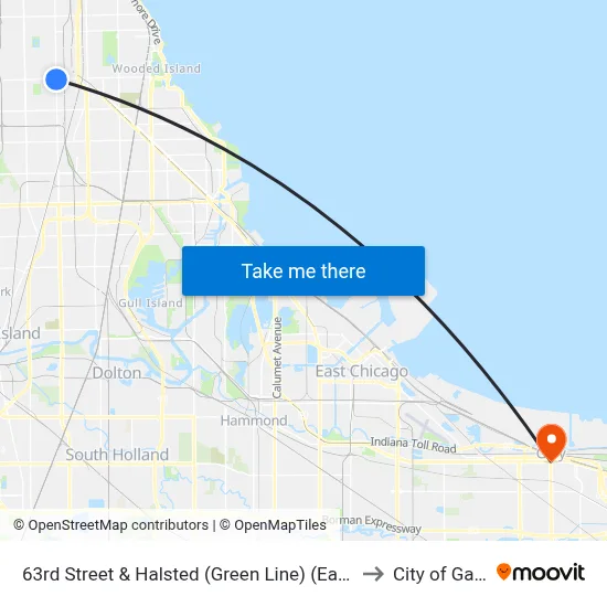 63rd Street & Halsted (Green Line) (East) to City of Gary map