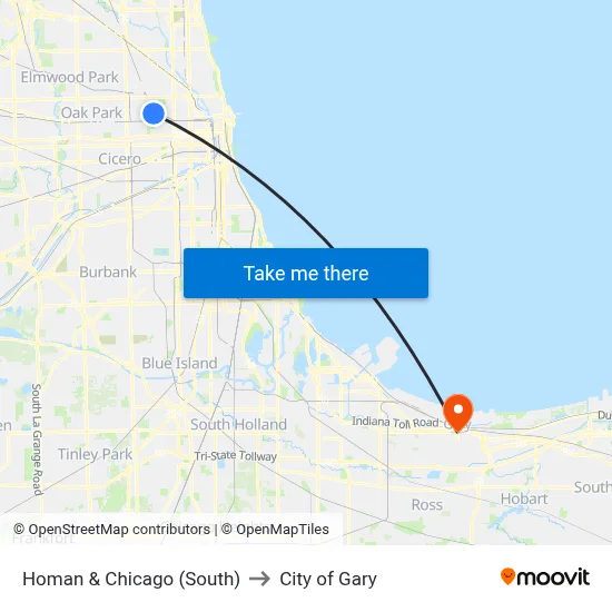 Homan & Chicago (South) to City of Gary map