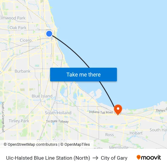 Uic-Halsted Blue Line Station (North) to City of Gary map