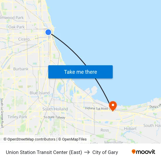 Union Station Transit Center (East) to City of Gary map