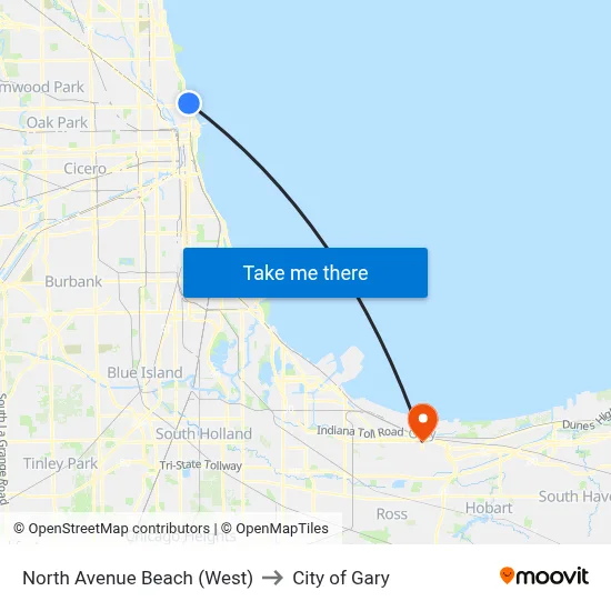 North Avenue Beach (West) to City of Gary map