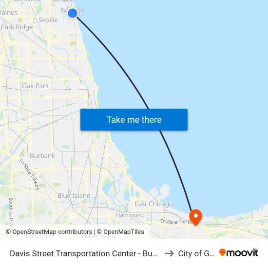 Davis Street Transportation Center - Bus Stop B to City of Gary map