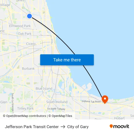 Jefferson Park Transit Center to City of Gary map