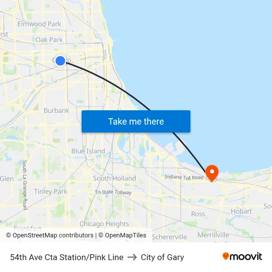 54th Ave Cta Station/Pink Line to City of Gary map