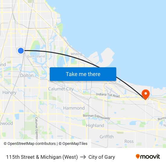 115th Street & Michigan (West) to City of Gary map