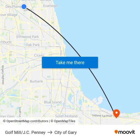 Golf Mill/J.C. Penney to City of Gary map