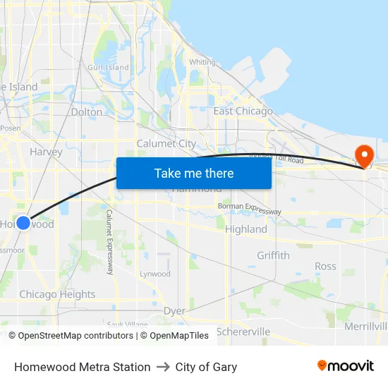 Homewood Metra Station to City of Gary map