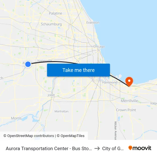 Aurora Transportation Center - Bus Stop A to City of Gary map