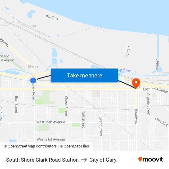 South Shore Clark Road Station to City of Gary map