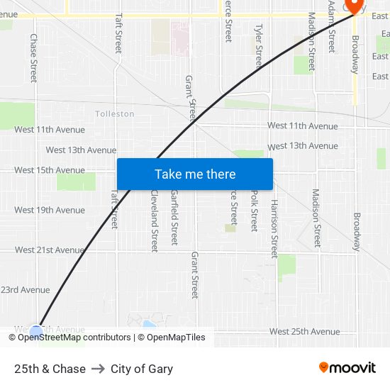 25th & Chase to City of Gary map