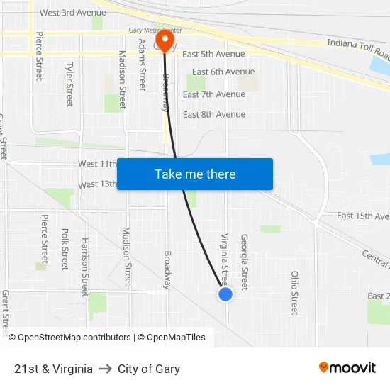 21st & Virginia to City of Gary map