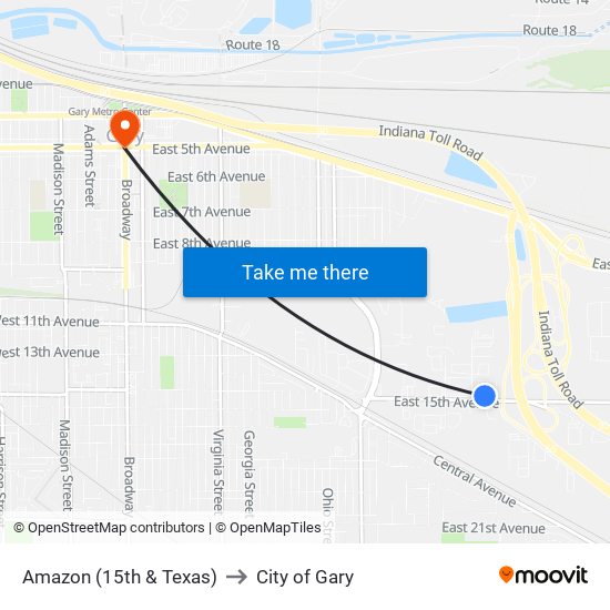 Amazon (15th & Texas) to City of Gary map