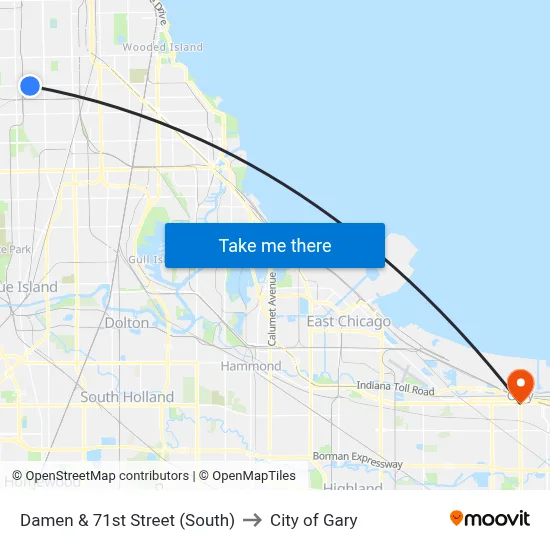 Damen & 71st Street (South) to City of Gary map