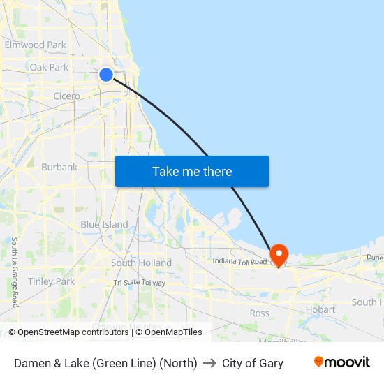 Damen & Lake (Green Line) (North) to City of Gary map