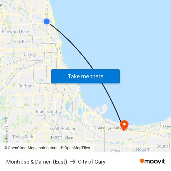 Montrose & Damen (East) to City of Gary map