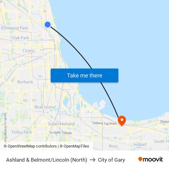 Ashland & Belmont/Lincoln (North) to City of Gary map