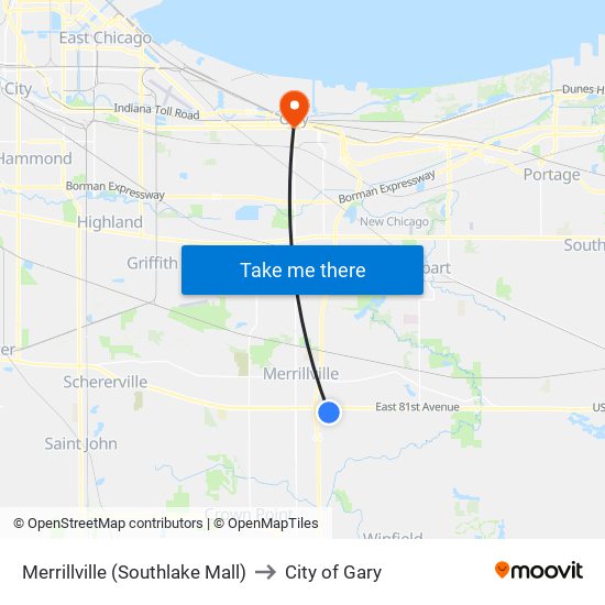 Merrillville (Southlake Mall) to City of Gary map