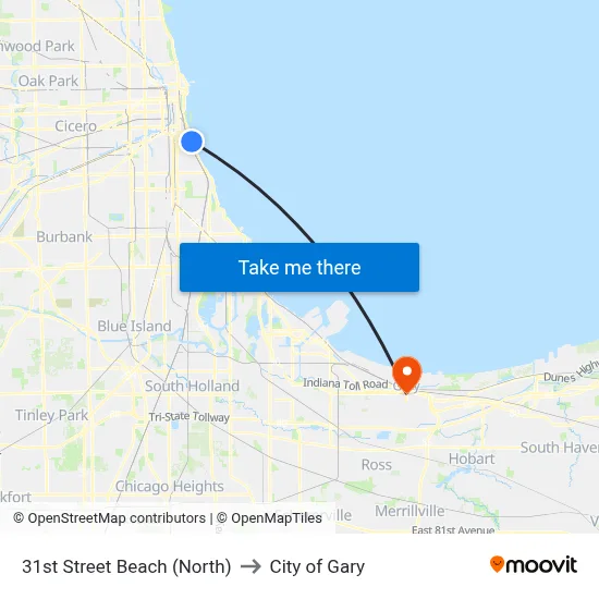 31st Street Beach (North) to City of Gary map