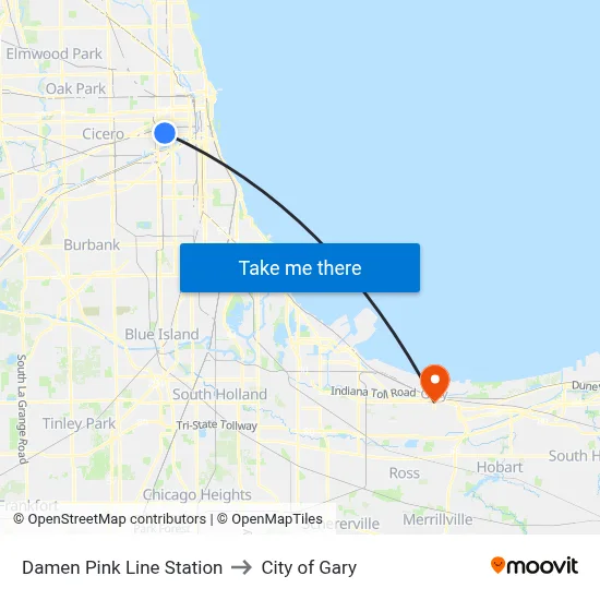 Damen Pink Line Station to City of Gary map