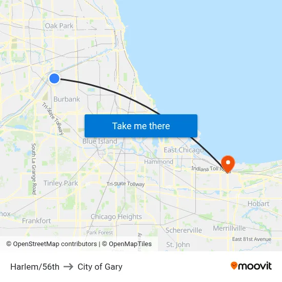 Harlem/56th to City of Gary map