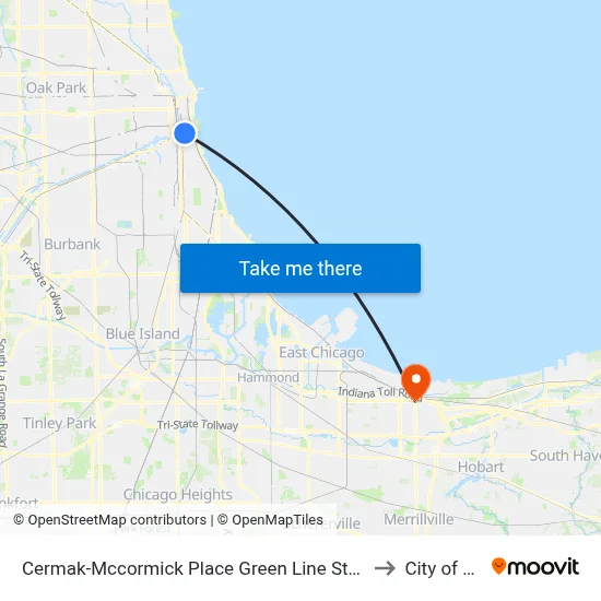 Cermak-Mccormick Place Green Line Station (East) to City of Gary map