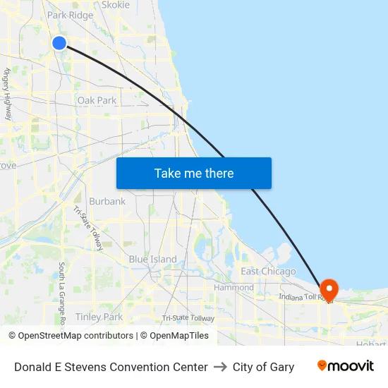Donald E Stevens Convention Center to City of Gary map