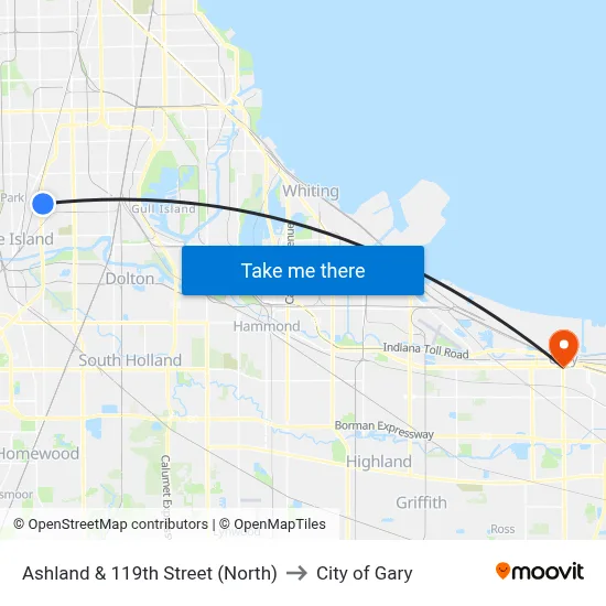 Ashland & 119th Street (North) to City of Gary map