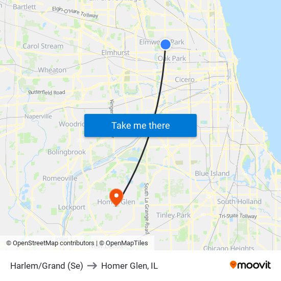 Harlem/Grand (Se) to Homer Glen, IL map