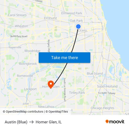 Austin (Blue) to Homer Glen, IL map