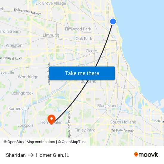 Sheridan to Homer Glen, IL map